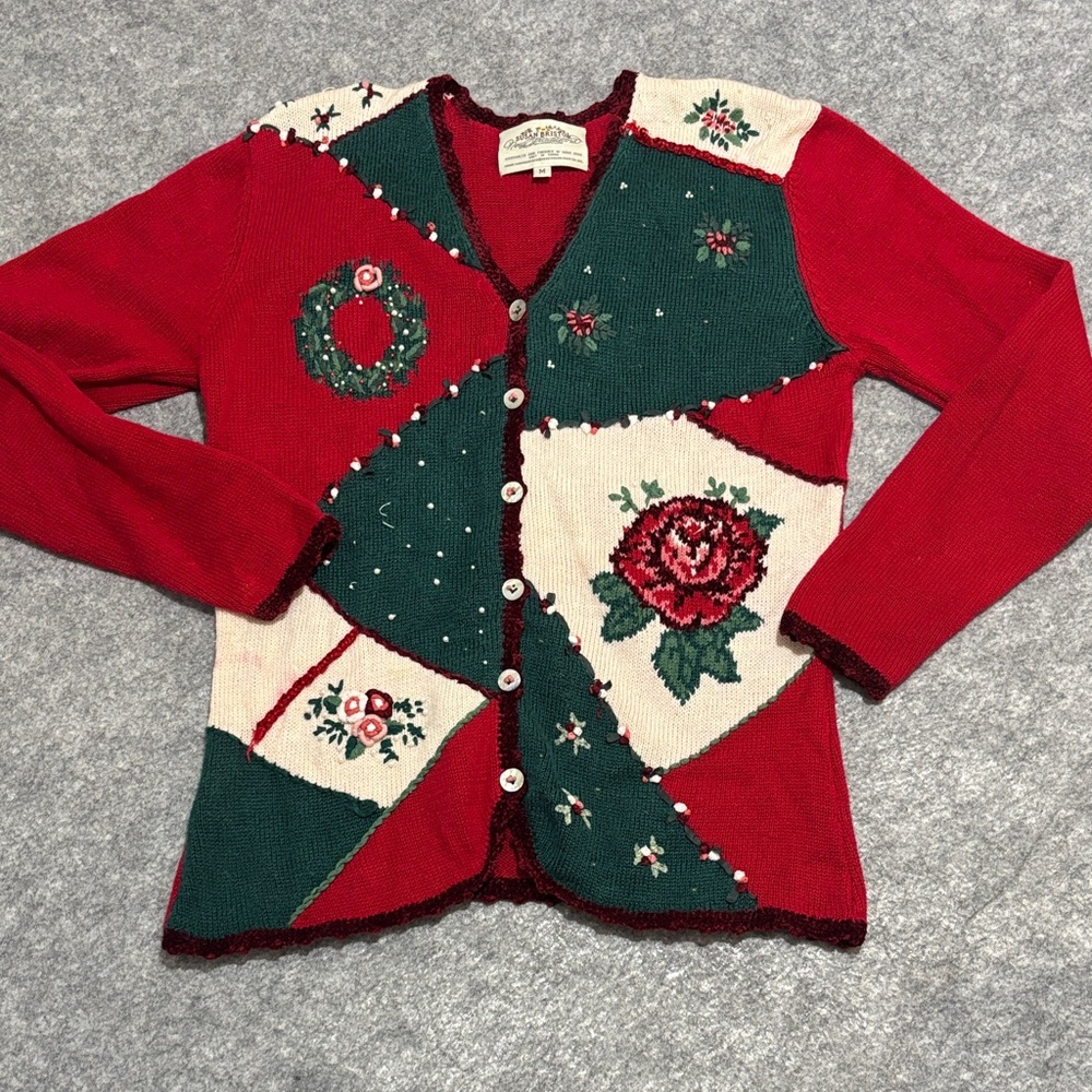 1996 Susan Bristol Holiday Red Green Cardigan Sweater